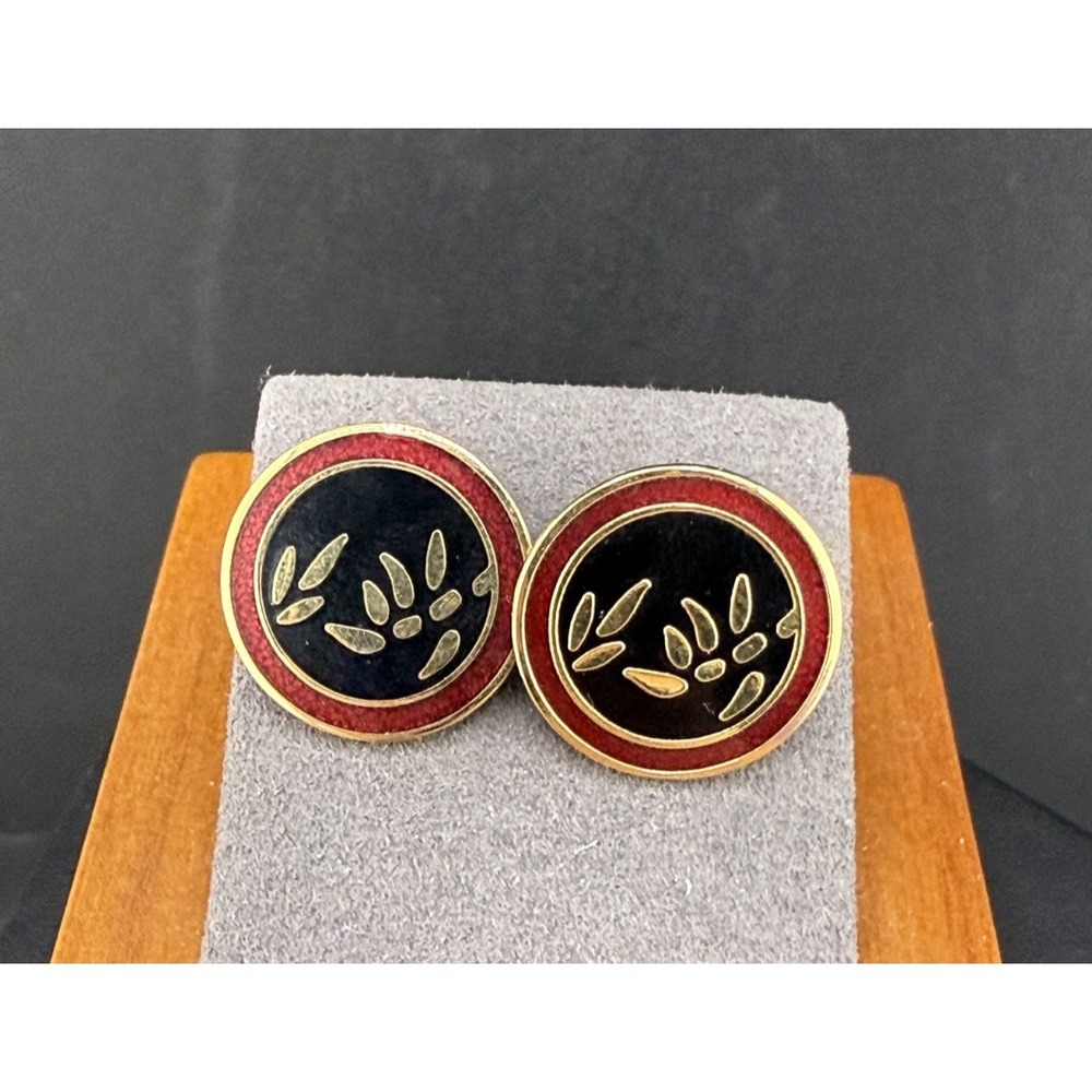 Vintage Laurel Burch Earrings Gold Tone Bamboo Enamel Red Black Pierced Small